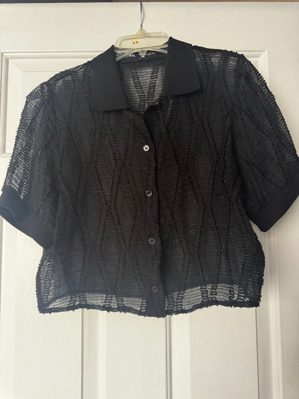 Zara Cropped Camp Shirt Black Openwork Size S